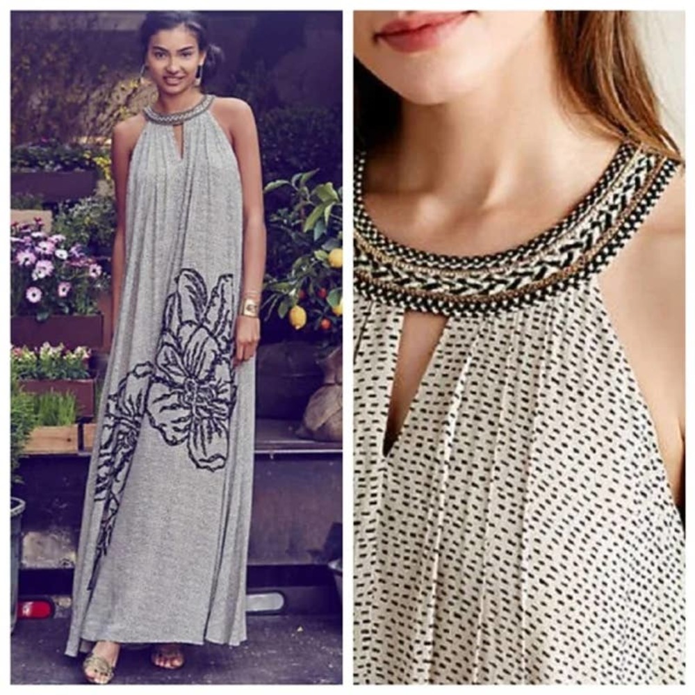 Anthropologie Beaded-Neck Maxi Dress with Black Floral Motif
